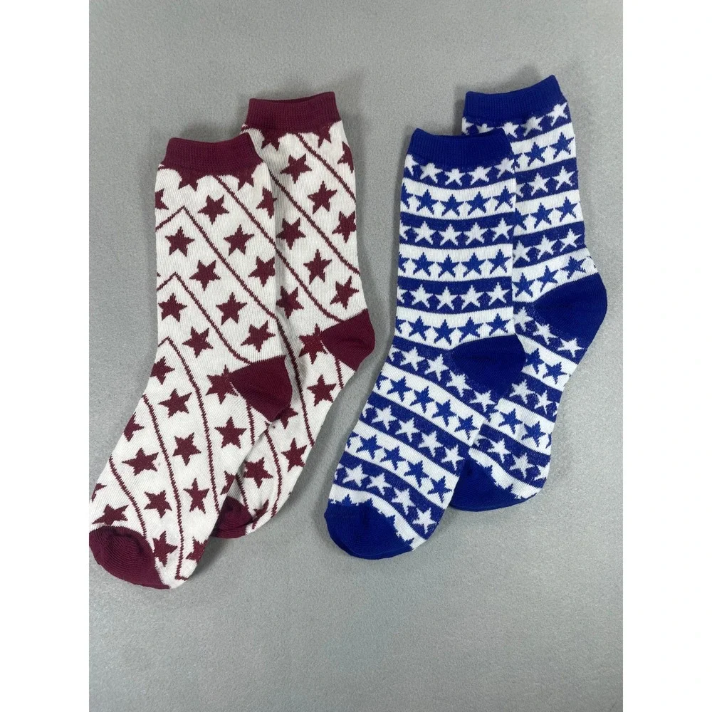 Unisex Patriotic Star Print Crew‎ Socks 2 Pair Set Red Blue White Americana